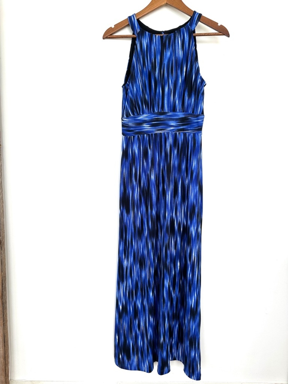 Saks Fifth Avenue “Black” Blue & Black Striped Halter Dress, Maxi, Stretch Knit - Picture 3 of 13
